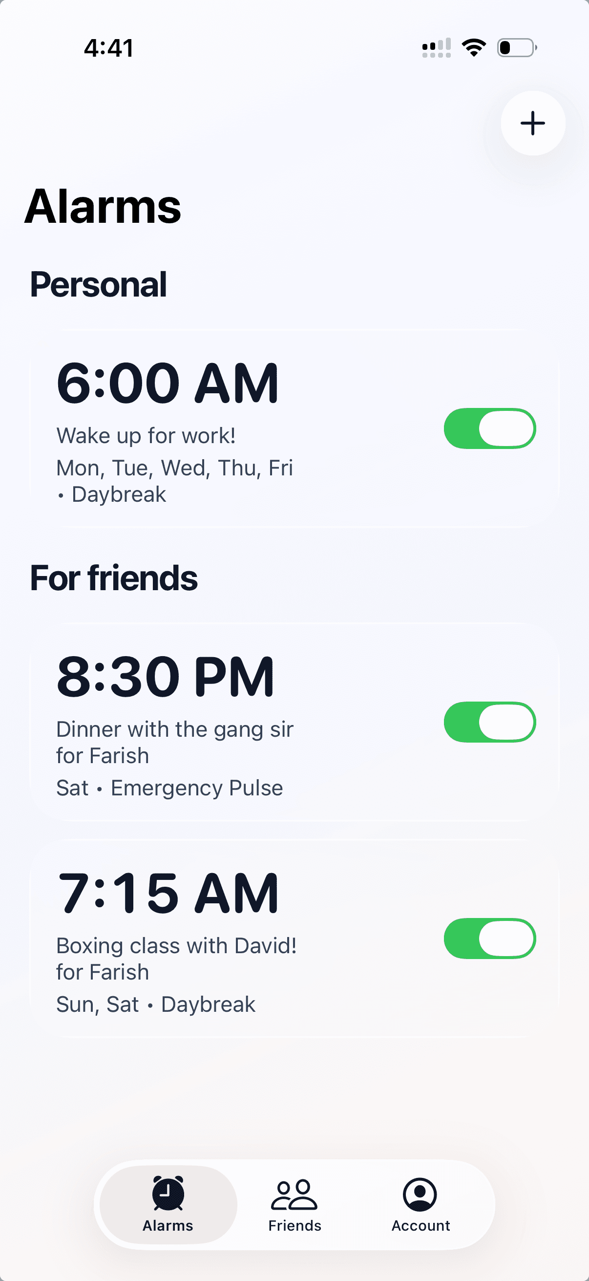 Alarmee alarms screen with personal and friend alarms
