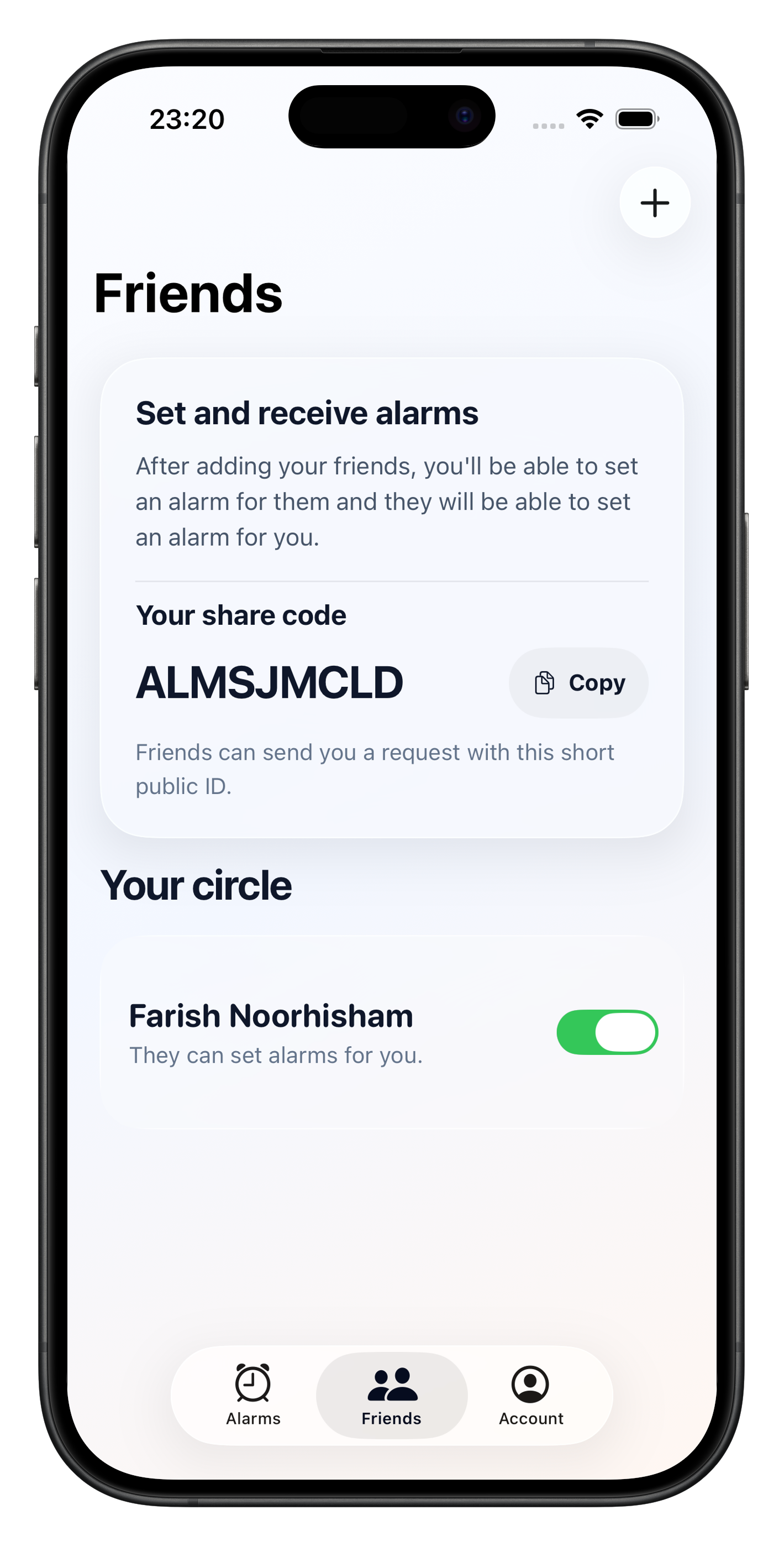Alarmee friends screen showing share code and paired circle